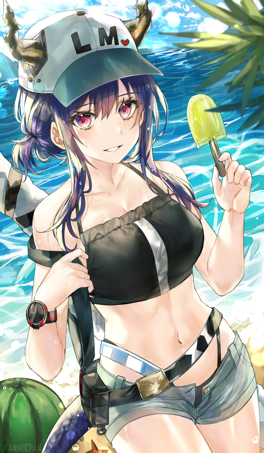 1girl absurdres arknights bangs bare_arms bare_shoulders baseball_cap belt bikini black_belt black_bikini blue_hair blue_sky breasts ch'en_(arknights) cloud collarbone commentary_request cowboy_shot day dragon_horns dragon_tail food grey_shorts grin hair_between_eyes hands_up hat heart highres holding holding_food horns horns_through_headwear kanniepan long_hair looking_at_viewer medium_breasts navel ocean open_fly outdoors pink_eyes popsicle pouch short_shorts shorts sidelocks sky smile solo standing stomach swimsuit tail watch water wristwatch