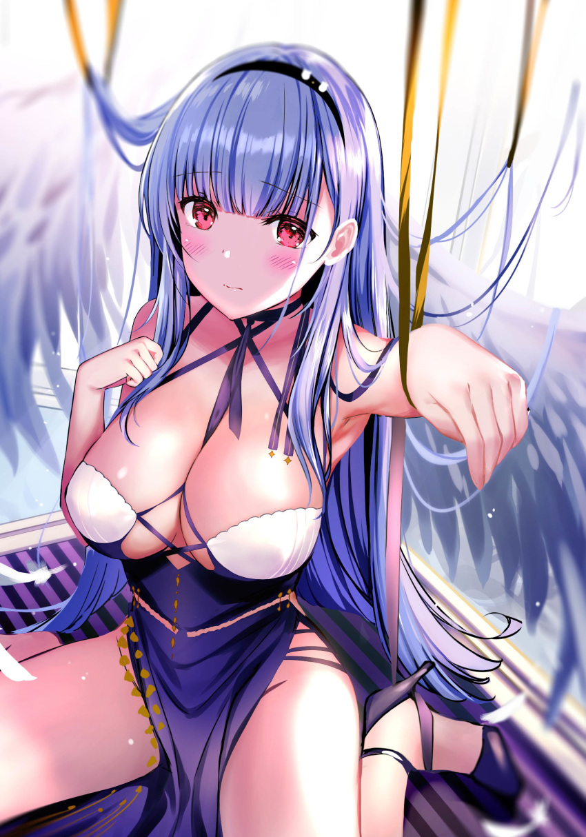 1girl arm_up armpits azur_lane barefoot between_breasts blue_hair blurry blush breasts choker cleavage closed_mouth depth_of_field dido_(azur_lane) dress eyebrows_visible_through_hair feathers hairband high_heels highres large_breasts long_hair looking_at_viewer no_panties pelvic_curtain pink_eyes rei_(rei's_room) ribbon_choker shoes sidelocks single_shoe sitting solo very_long_hair wariza wings