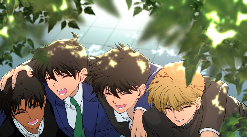 4boys :d arm_around_neck bangs black_hair black_jacket blonde_hair blue_jacket blurry_foreground brown_hair closed_eyes collared_shirt dappled_sunlight dark_skin day eyebrows_visible_through_hair from_above green_neckwear grin hair_between_eyes hakuba_saguru hand_on_another's_head hattori_heiji highres hiroki_nagase jacket kudou_shin'ichi kuroba_kaito long_sleeves male_focus meitantei_conan multiple_boys necktie open_mouth outdoors shirt smile sunlight upper_body white_shirt wing_collar