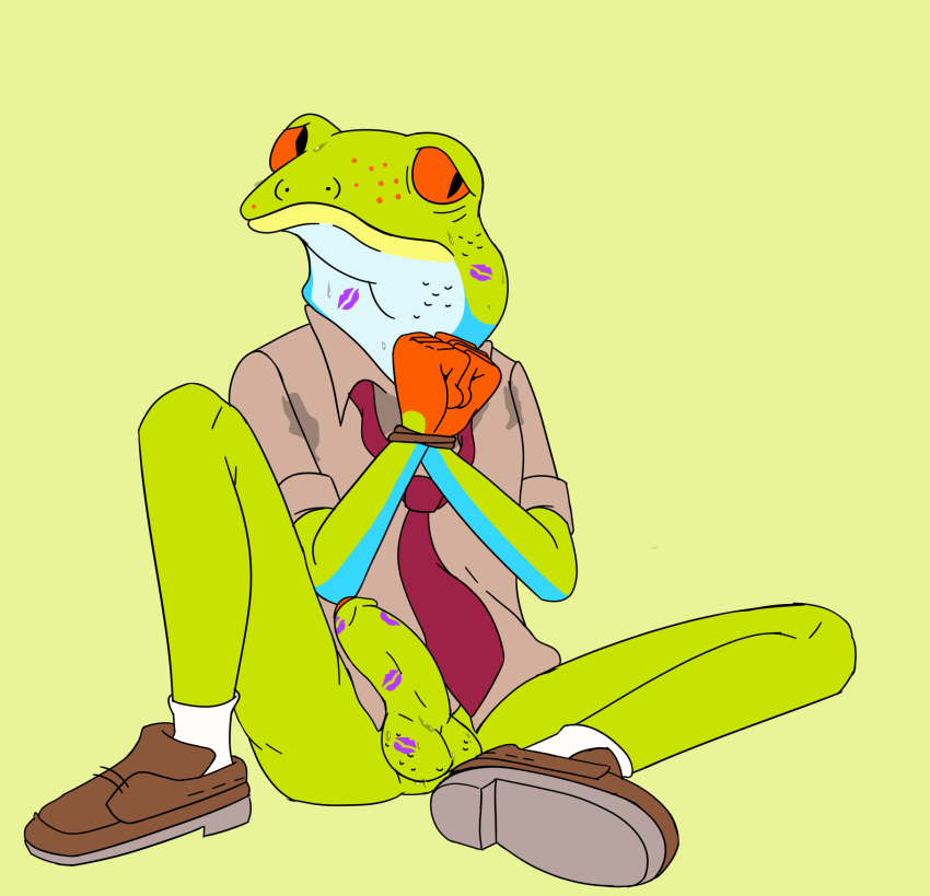 absurd_res amphibian anthro awkward ball_hair balls bob-jiggles bodily_fluids body_hair bojack_horseman bound business_suit charley_witherspoon clothing erection footwear frog genitals half_naked hands_tied hi_res humanoid_genitalia humanoid_penis kisses kisses_on_cock legwear lipstick long_legs makeup male necktie netflix penis purple_lipstick shoes socks solo spread_legs spreading suit sweat tree_frog