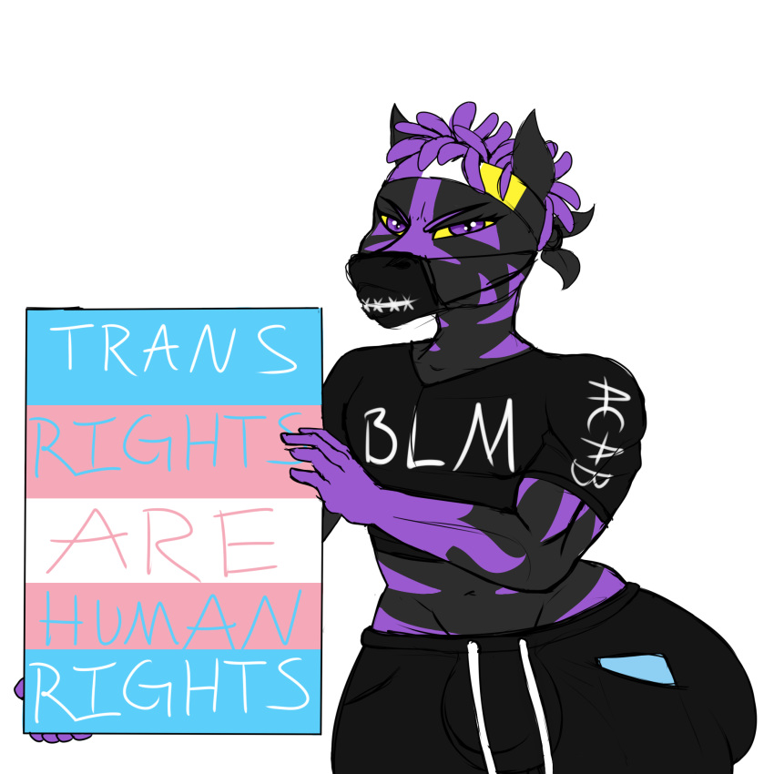 1:1 accessory black_lives_matter bulge clothed clothing cocoabuns english_text face_mask hair headband hi_res lgbt_pride murasaki_jigoku politics pride_colors purple_eyes purple_hair simple_background solo stripes text transgender_pride_colors white_background wide_hips yellow_sclera
