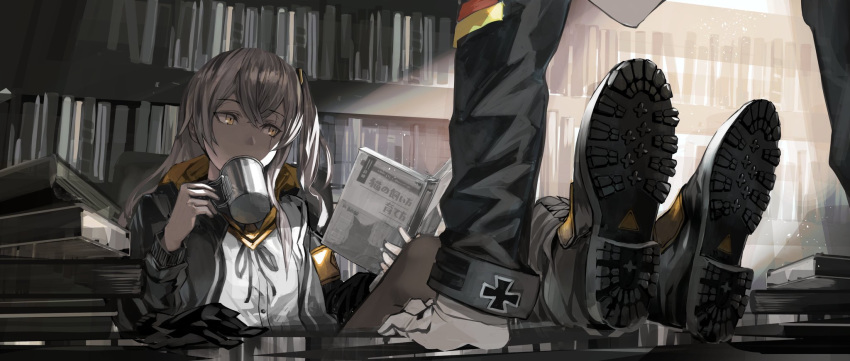 1girl bangs black_footwear black_jacket black_shirt book book_stack bookshelf boots brown_hair commentary cup drinking dust_particles feet_on_table fujita_(condor) girls_frontline gloves highres hk416_(girls_frontline) holding holding_book iron_cross jacket library light looking_to_the_side mug neck_ribbon one_side_up pantyhose reading ribbon scar scar_across_eye shirt sleeve_cuffs ump45_(girls_frontline) white_gloves white_shirt yellow_eyes