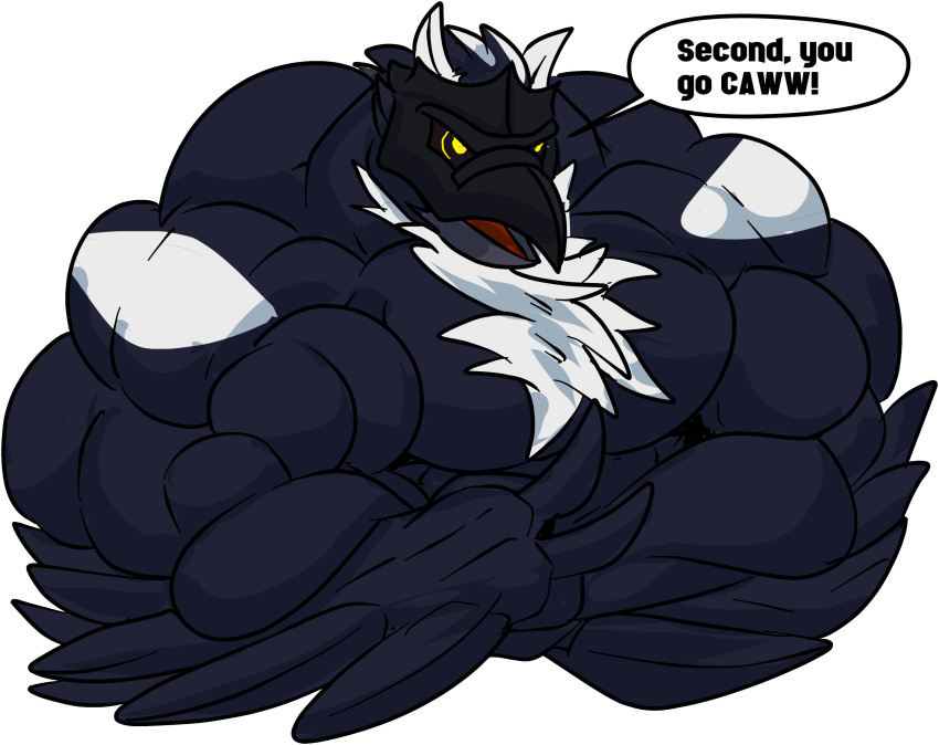 2019 absurd_res anthro anthrofied big_muscles chest_tuft corviknight crossed_arms dialogue english_text fierglief flexing growth hi_res huge_muscles hyper hyper_muscles male muscle_growth muscular nintendo nude pok&eacute;mon pok&eacute;mon_(species) simple_background solo speech_bubble text tuft video_games white_background wings yellow_eyes
