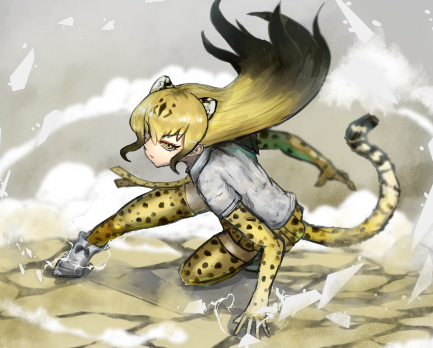 1girl :| adeshi_(adeshi0693119) animal_ears animal_print black_hair blonde_hair cheetah_(kemono_friends) cheetah_ears cheetah_print closed_mouth commentary_request dust elbow_gloves extra_ears floating_hair gloves gradient_hair ground hand_on_ground kemono_friends leopard_ears leopard_print leopard_tail long_hair multicolored_hair one_knee pose print_legwear shirt shoes skirt smoke solo tail thighhighs tsurime white_footwear white_shirt yellow_eyes