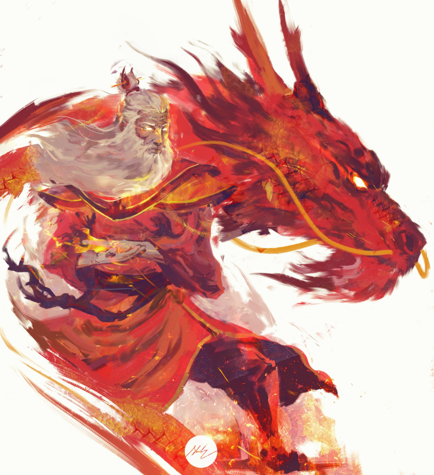 1boy ancient avatar:_the_last_airbender avatar_(series) beard china_dress chinese_clothes dragon dress facial_hair fire fire_dragon highres long_beard long_hair old_man pose roku_(avatar) shimhaq white_beard white_hair