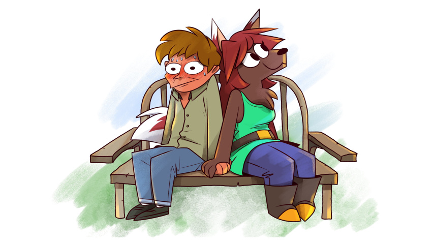 16:9 2020 4k absurd_res anthro belt bench blush bodily_fluids boots bottomwear breasts brown_body brown_fur brown_hair canid canine clothing dress_shirt duo eyelashes female footwear fox fur hair hand_holding hi_res human male mammal pants piemations red_hair shirt shoes simple_background sitting sweat tank_top terraria the_guide_(terraria) topwear were werecanid werecanine werefox white_background widescreen zoologist_(terraria)