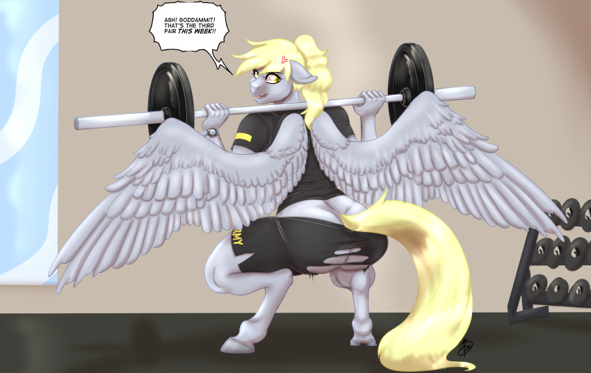 2020 absurd_res amara_burrger anthro barbell butt clock clothing derpy_hooves_(mlp) dialogue digital_media_(artwork) english_text equid equine exercise eyebrows female friendship_is_magic hi_res mammal my_little_pony pegasus solo text torn_clothing watch weightlifting wings workout wristwatch