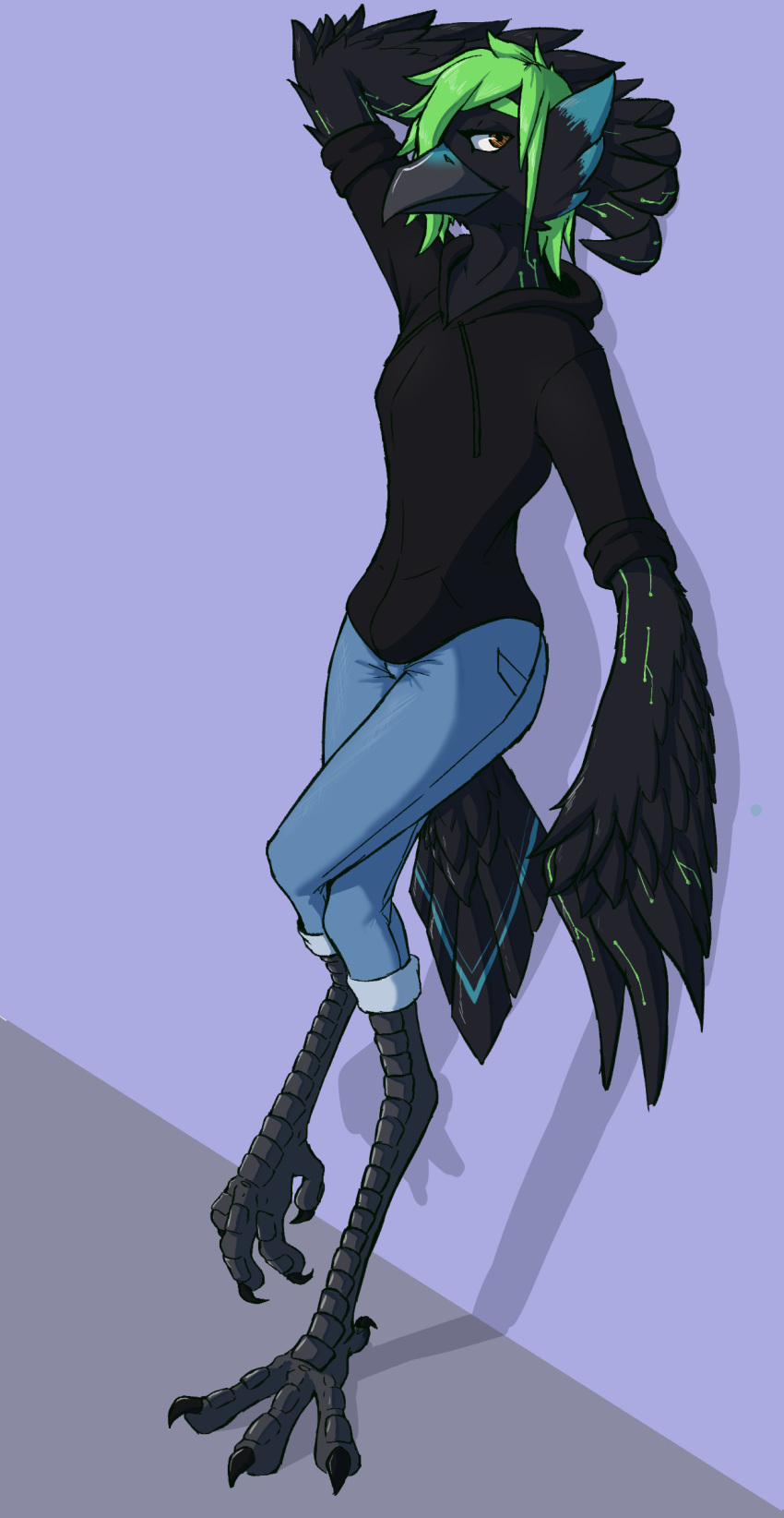 4_toes ambiguous_gender anisodactyl anthro beak bird_feet bottomwear clothed clothing father_hill feathered_wings feathers hair hi_res hoodie jeans leaning_on_wall pants solo tail_feathers toes topwear wings