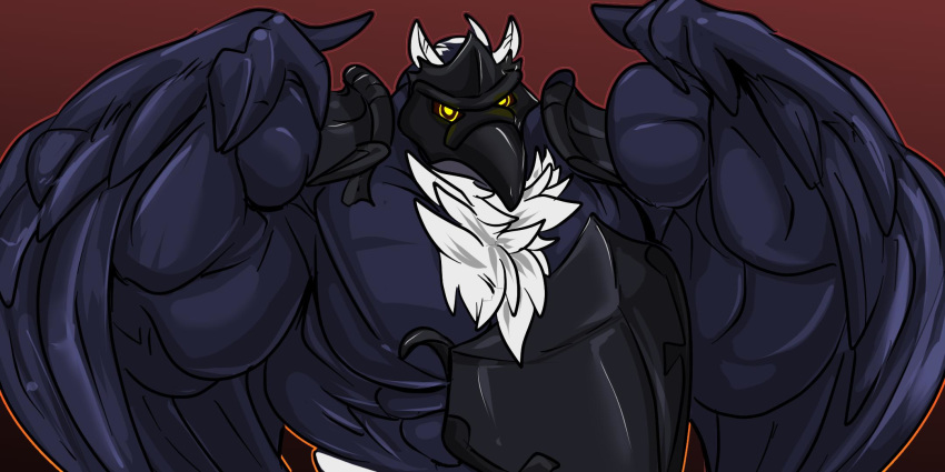 2019 2:1 anthro anthrofied armor beak big_muscles cawaden chest_tuft corviknight fierglief flexing glowing glowing_eyes hi_res huge_muscles looking_at_viewer male muscular nintendo pok&eacute;mon pok&eacute;mon_(species) solo tuft video_games wings yellow_eyes