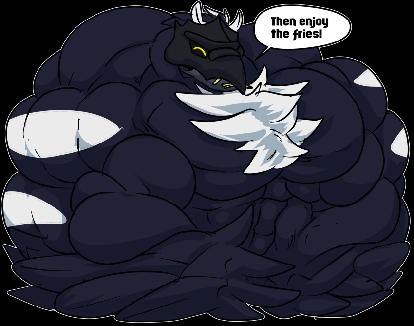 2019 absurd_res alpha_channel anthro anthrofied big_muscles chest_tuft corviknight crossed_arms dialogue eating english_text eyes_closed fierglief flexing food fries growth hi_res huge_muscles hyper hyper_muscles male muscle_growth muscular nintendo nude pok&eacute;mon pok&eacute;mon_(species) simple_background solo speech_bubble text transparent_background tuft video_games wings yellow_eyes