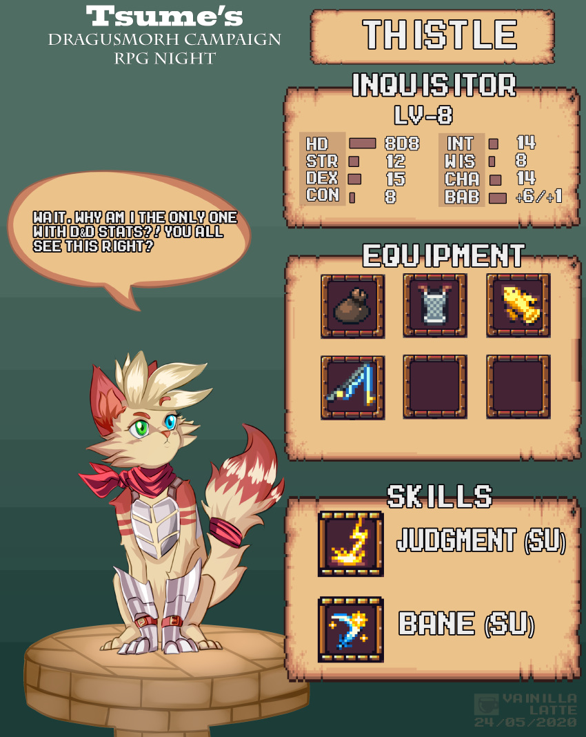 absurd_res ambiguous_gender armor blue_eyes breaking_the_fourth_wall brown_body dragusmorh dungeons_and_dragons english_text equipment felid feline felis feral fish fishing_rod green_eyes hasbro hi_res mammal marine multicolored_eyes sand_cat scarf short text tsume_yifu two_tone_eyes vainilla_latte wizards_of_the_coast