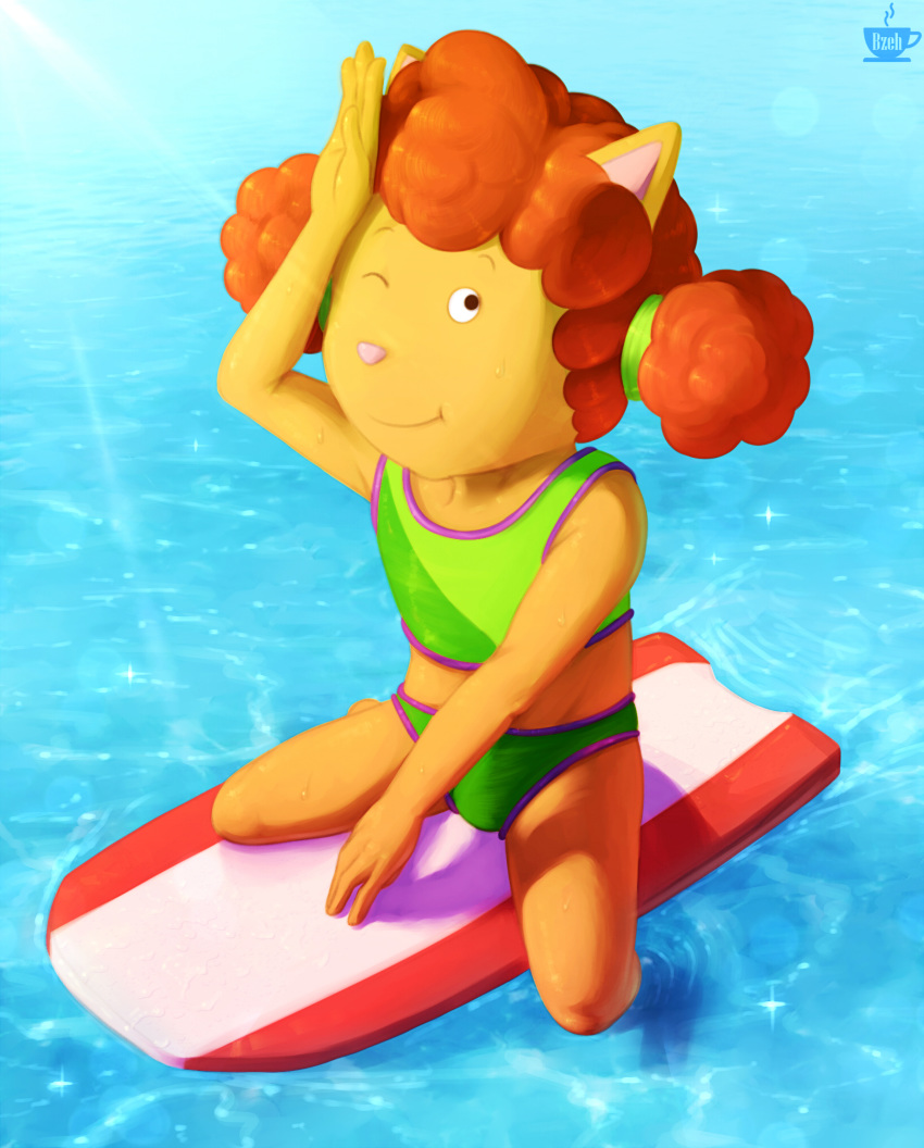 absurd_res anthro arthur_(series) bikini bodily_fluids bzeh clothing domestic_cat felid feline felis female green_clothing hi_res light mammal orange_body sea solo sue_ellen_armstrong sunlight surfboard sweat swimwear vehicle water watercraft wet young