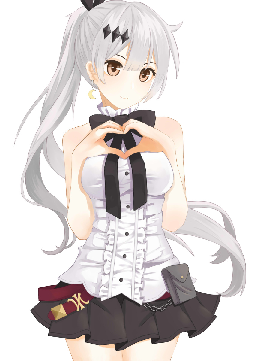 1girl :3 absurdres belt belt_pouch black_bow black_skirt bow brown_eyes brs--wrs chain_belt cowboy_shot crescent crescent_earrings diamond_hair_ornament drop_earrings earrings five-seven_(girls_frontline) girls_frontline grey_hair hair_ribbon heart heart_hands highres jewelry long_hair looking_at_viewer new_york_yankees ponytail pouch ribbon shirt simple_background skirt sleeveless sleeveless_shirt solo thighs very_long_hair white_background white_shirt