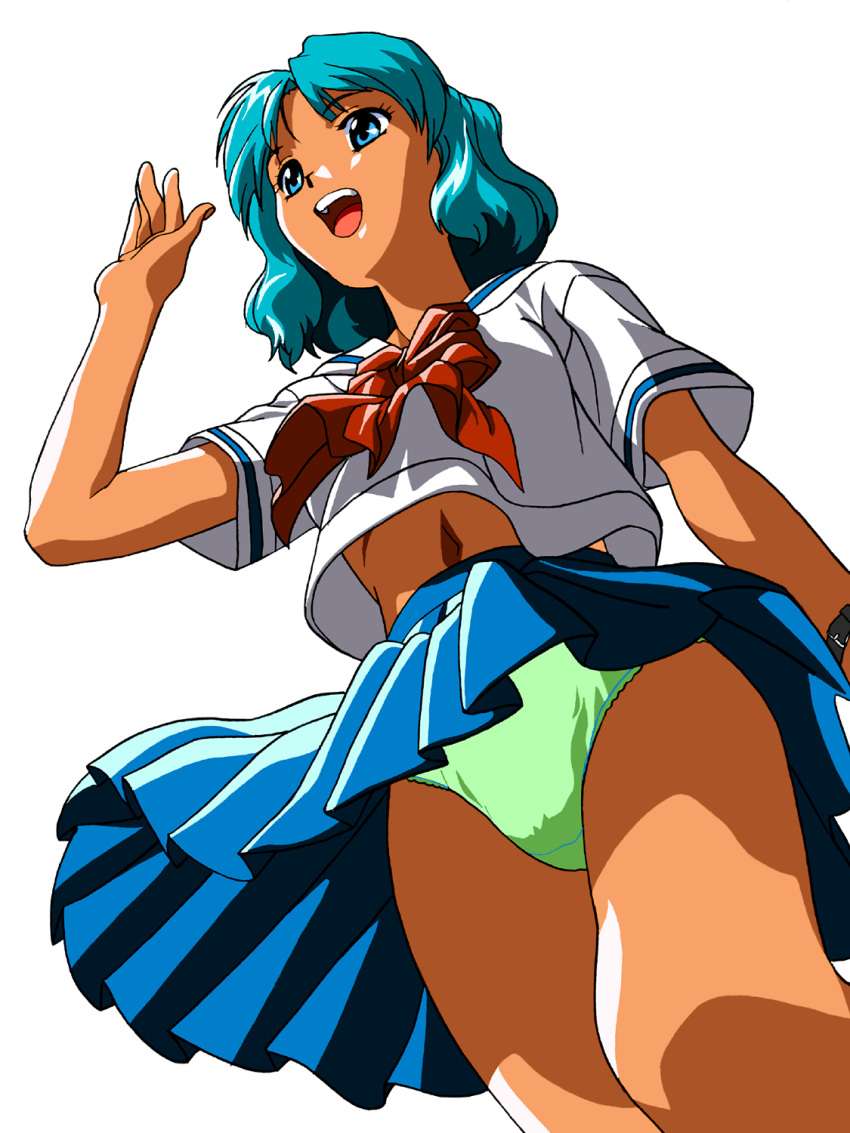 1girl aqua_hair belly_peek blue_eyes blue_skirt green_panties highres official_art open_mouth panties pleated_skirt school_uniform short_hair short_sleeves simple_background skirt solo underwear upskirt waving white_background wind wind_lift yamada_masaki zenkoku_seifuku_bishoujo_grand_prix