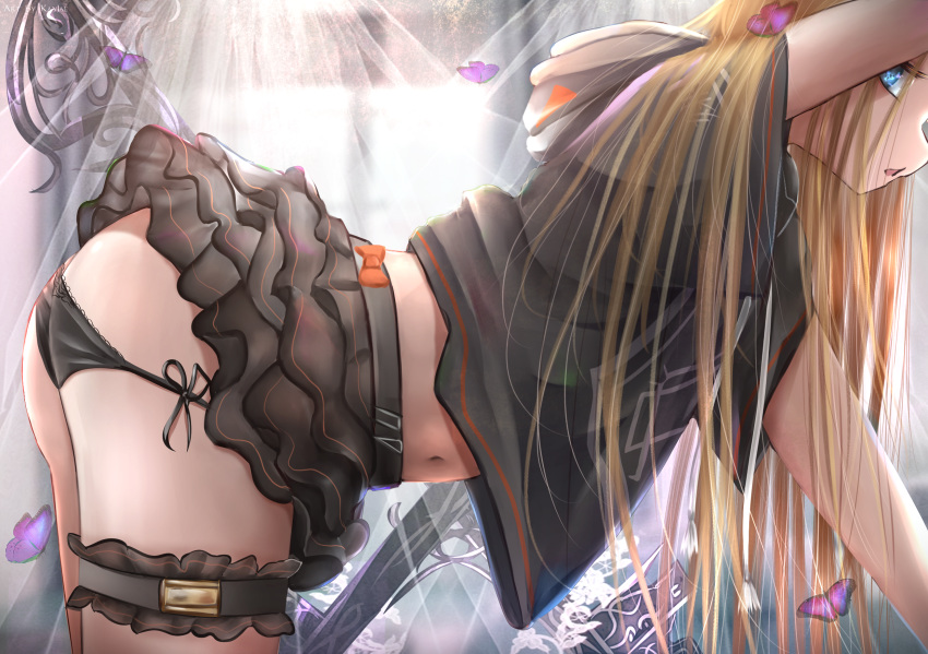 1girl abigail_williams_(fate/grand_order) ass backlighting bangs bent_over black_panties black_shirt black_skirt blonde_hair blue_eyes bow breasts bug butterfly fate/grand_order fate_(series) forehead highres hooded_shirt insect kayjae key leg_garter long_hair navel open_mouth orange_bow panties parted_bangs shirt short_sleeves skirt small_breasts staff underwear