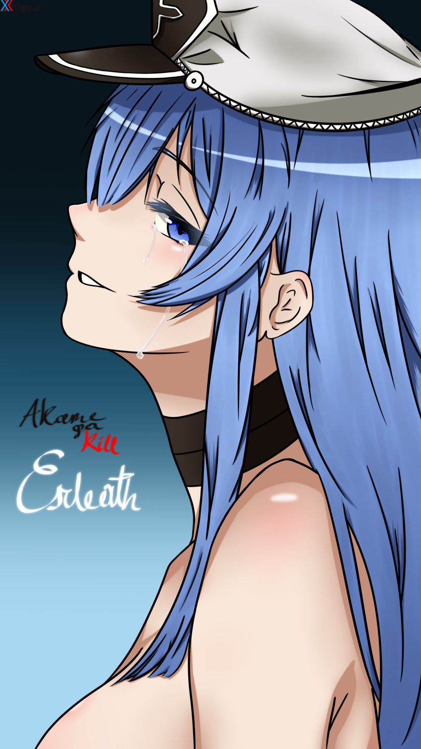 1girl absurdres akame_ga_kill! artist_name blue_eyes blue_hair breasts choker cleavage commentary crying crying_with_eyes_open english_commentary english_text esdeath eyebrows_visible_through_hair gradient gradient_background hat highres large_breasts long_hair looking_at_viewer military military_uniform nude open_mouth peaked_cap shiny shiny_skin shippaidayo signature smile solo tearing_up tears teeth uniform very_long_hair