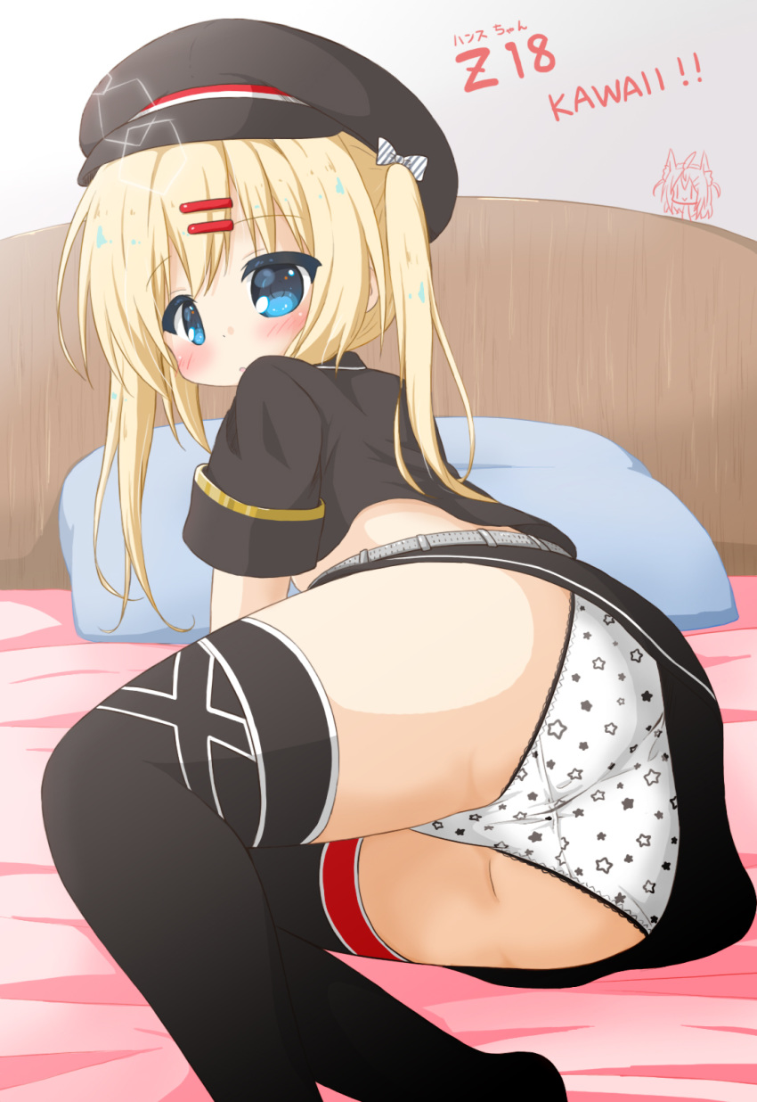 1girl :o ass azur_lane bangs bed black_headwear black_legwear black_shirt black_skirt blonde_hair blue_eyes blush cabbie_hat character_name commentary_request crop_top eyebrows_visible_through_hair feet_out_of_frame hair_ornament hairclip hat highres long_hair looking_at_viewer looking_back lying no_shoes on_bed on_side panties parted_lips pillow print_panties rinechun rinechun's_blonde_dog_girl romaji_text shirt short_sleeves skirt solo star_(symbol) star_panties star_print thighhighs twintails underwear white_panties z18_(azur_lane)