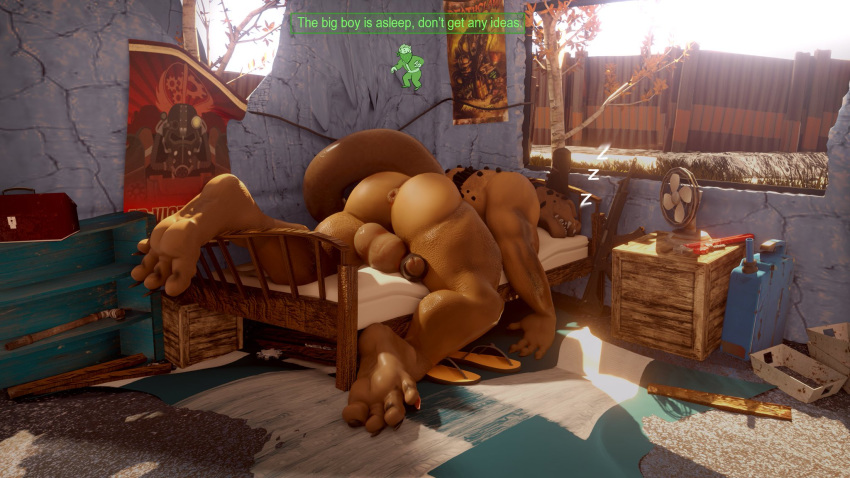 16:9 3d_(artwork) anus backsack balls bed bethesda_softworks big_balls big_butt butt claws clothing crate deathclaw digital_media_(artwork) english_text fallout fan_(disambiguation) feet footwear furniture gas_canister genitals gun hi_res male moreuselesssource_(artist) muscular muscular_male penis poster ranged_weapon rifle sandals scalie shelf sleeping solo sound_effects text toolbox tools tree uncut video_games weapon widescreen window wrench zzz