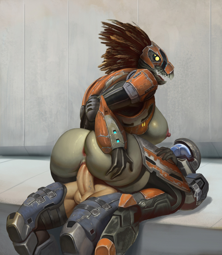 absurd_res alien anus armor balls breasts brown_hair butt clitoris cowgirl_position da_polar_inc detailed_background digital_media_(artwork) duo fangs female female_on_top female_penetrated genitals grey_body hair halo_(series) headgear helmet hi_res human humanoid interspecies kig-yar lying male male/female male_penetrating male_penetrating_female mammal microsoft nipples on_top open_mouth penetration penis pussy scalie sex ssocrates t'vaoan thick_thighs vaginal vaginal_penetration vein veiny_penis video_games xbox_game_studios