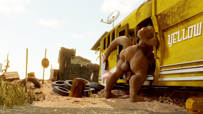 16:9 3d_(artwork) anthro anus backsack balls barrel bethesda_softworks big_balls butt deathclaw digital_media_(artwork) fallout genitals grass hi_res humanoid_genitalia humanoid_penis male moreuselesssource_(artist) penis presenting presenting_anus presenting_hindquarters rapid_transit satellite_dish solo tire train vehicle video_games wasteland water widescreen