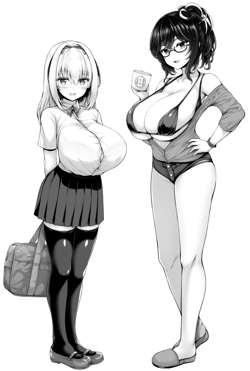 2girls bag bare_shoulders bikini blush breasts buttons cleavage collarbone collared_shirt full_body greyscale hair_intakes halter_top halterneck hand_on_hip highres huge_breasts long_hair looking_at_viewer micro_bikini micro_shorts miniskirt mole mole_on_breast mole_under_eye monochrome multiple_girls open_mouth original pleated_skirt school_bag school_uniform semi-rimless_eyewear shirt shirt_tucked_in shoes short_sleeves shorts simple_background skirt slippers smile standing swimsuit thighhighs under-rim_eyewear uni8 white_background wing_collar zettai_ryouiki