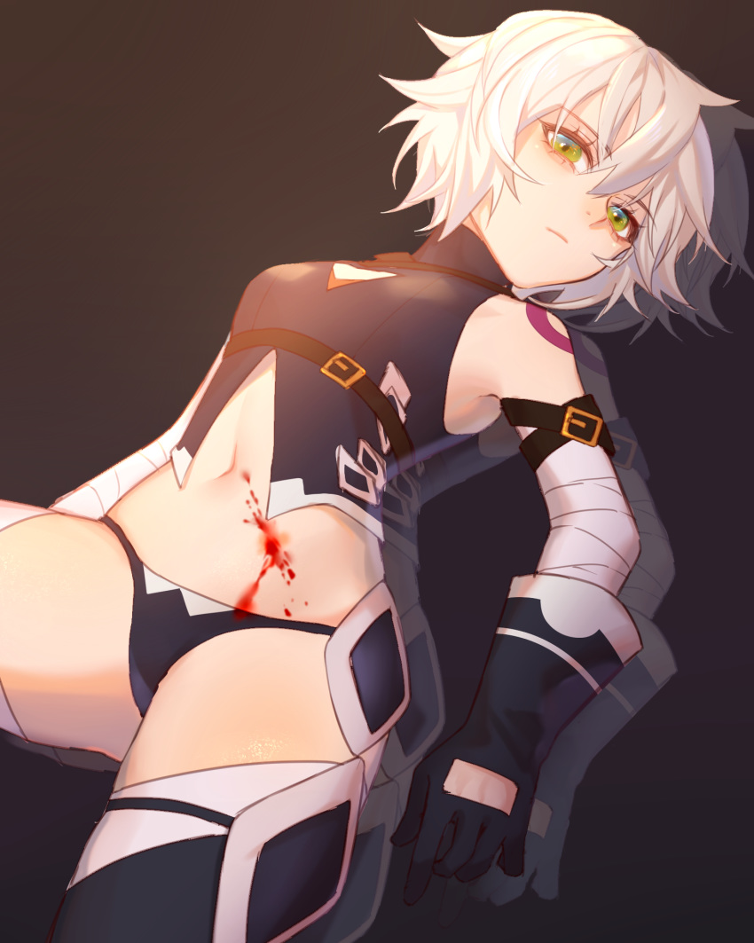 1girl bandaged_arm bandages bangs bare_shoulders black_gloves black_legwear black_panties black_shirt blood breasts commentary dark_background eyebrows_visible_through_hair fate/grand_order fate_(series) frown gloves green_eyes highres jack_the_ripper_(fate/apocrypha) jesse_(pixiv34586727) looking_at_viewer navel panties scar shirt short_hair silver_hair simple_background sleeveless sleeveless_shirt small_breasts solo tattoo thighhighs underwear