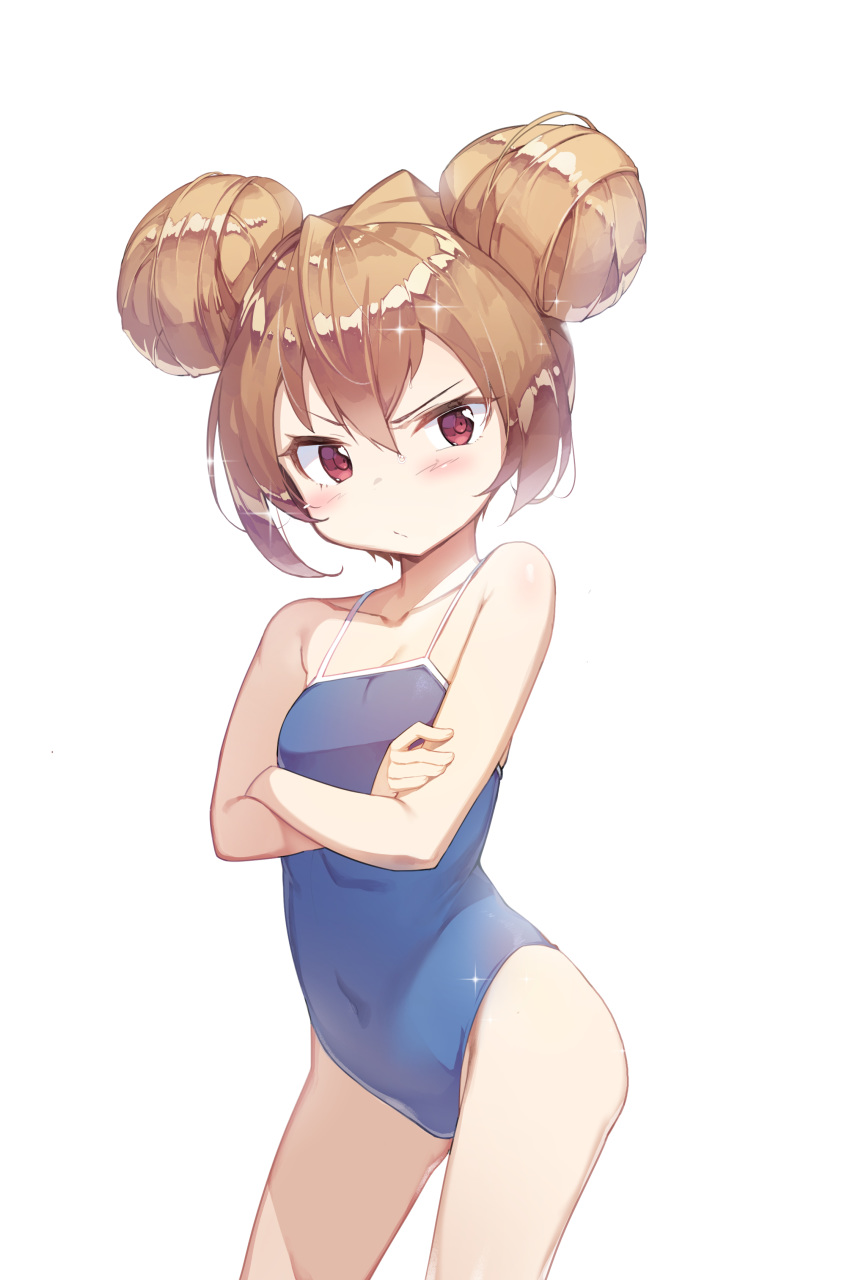 1girl absurdres aisaka_taiga bare_arms bare_shoulders blue_swimsuit blush brown_hair closed_mouth cowboy_shot double_bun frown highres looking_at_viewer newey one-piece_swimsuit red_eyes short_hair simple_background solo sparkle stabbed swimsuit toradora! white_background