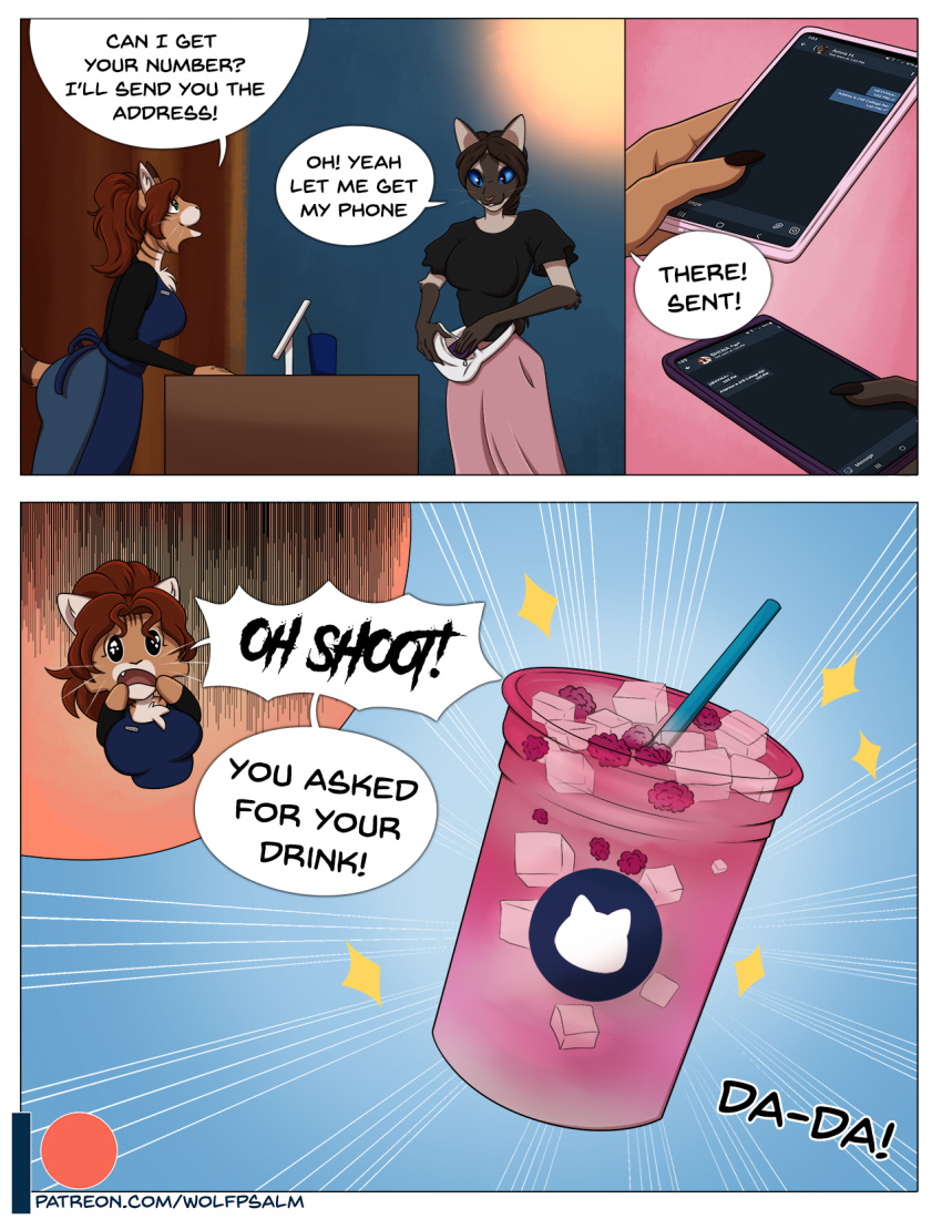 2020 anthro beverage blue_eyes brown_hair coffee comic_page digital_media_(artwork) domestic_cat duo english_text felid feline felis female hair hi_res mammal red_hair siamese tabby_cat text wolfpsalm