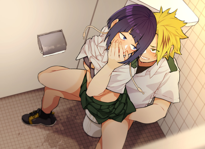 1boy 1girl absurdres blonde_hair blue_eyes boku_no_hero_academia bra bra_lift breasts covering_mouth earplugs hetero highres implied_sex jirou_kyouka kaminari_denki kobaji nipples open_mouth peeing pleated_skirt purple_hair shirt_lift shoes short_hair short_sleeves sitting sitting_on_person skirt small_breasts smile spread_legs sweat toilet toilet_seat underwear yellow_eyes