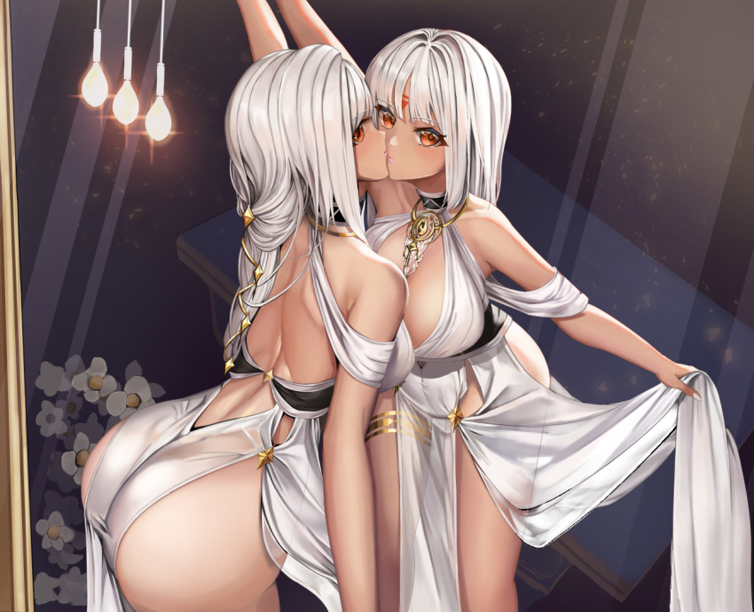 1girl ass azur_lane back backless_dress backless_outfit bang body_markings breasts center_opening cleavage cocktail_dress dark_skin dress dress_lift evening_gown eyebrows_visible_through_hair facial_mark finger_gun forehead_mark gold halter_dress large_breasts long_hair looking_at_viewer massachusetts_(azur_lane) massachusetts_(dressed_to_impress)_(azur_lane) mirror native_american red_eyes sleeveless sleeveless_dress solaris_(sinhyg) tan thighlet thighs white_dress white_hair white_nails