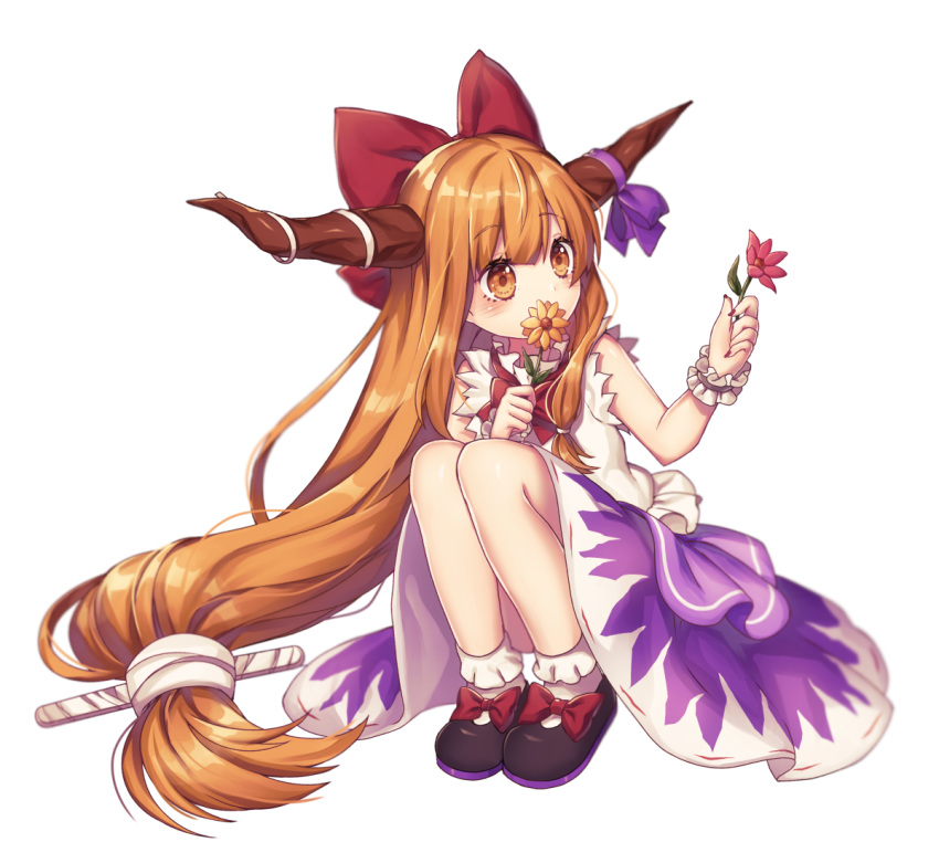 1girl black_footwear bobby_socks bow bowtie eyebrows_visible_through_hair flower full_body holding holding_flower horn_ribbon horns ibuki_suika knees_up kyouda_suzuka long_hair low-tied_long_hair oni_horns orange_eyes orange_hair purple_ribbon purple_skirt red_bow red_neckwear ribbon shirt shoe_bow shoes simple_background skirt sleeveless sleeveless_shirt socks solo squatting touhou very_long_hair white_background white_shirt wrist_cuffs