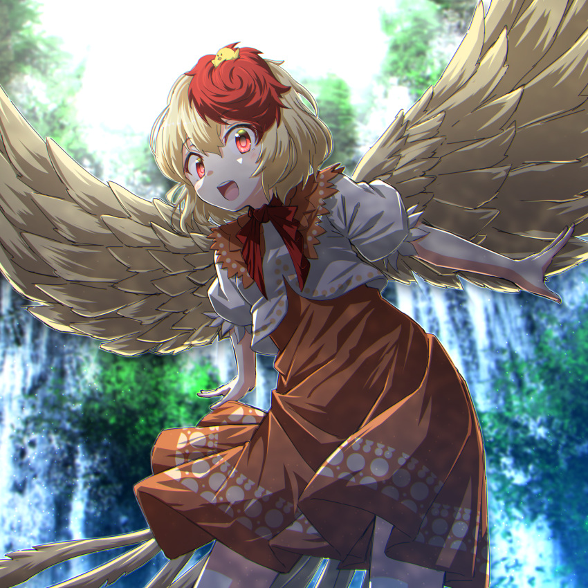 1girl absurdres animal_on_head bird bird_wings blonde_hair brown_dress chick day dress feathered_wings highres kakutasu_(akihiron_cactus) light_particles looking_at_viewer medium_hair multicolored_hair niwatari_kutaka on_head open_mouth outdoors outstretched_arms puffy_short_sleeves puffy_sleeves red_eyes red_hair shirt short_sleeves solo summer touhou two-tone_hair white_shirt wings