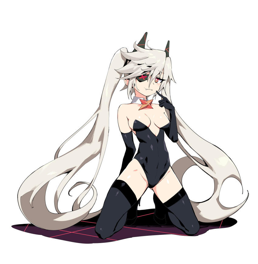 1girl blush breasts detached_collar dj_max elbow_gloves eyepatch fail_(djmax) fang girls_frontline gitoshinn gloves grey_hair high_heels highleg highleg_leotard highres leotard long_hair medium_breasts red_eyes thighhighs twintails very_long_hair