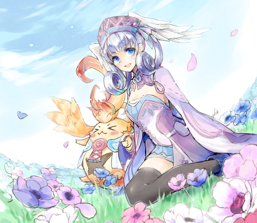 &gt;_&lt; 1girl blue_eyes blush_stickers breasts cape chion_(yukina) day dress fisheye flower hat head_wings highres meadow medium_breasts melia nopon outdoors riki_(xenoblade) short_dress silver_hair sky thighhighs xenoblade_(series) xenoblade_1