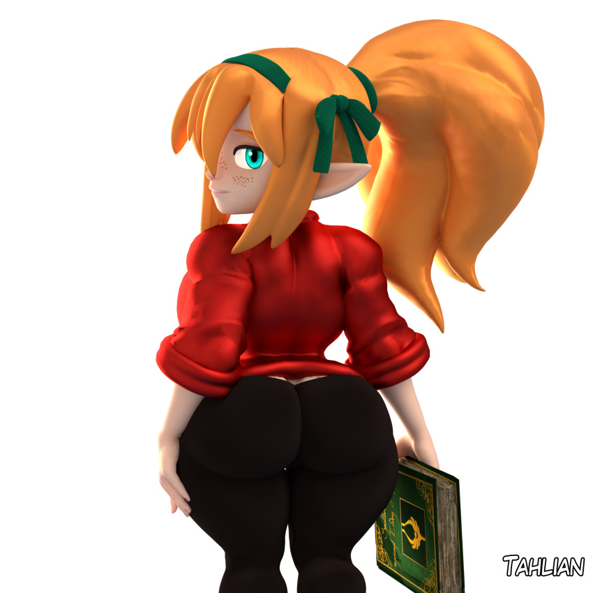 1:1 2020 3d_(artwork) alpha_channel big_butt blender_(software) book butt clothed clothing curvy_figure digital_media_(artwork) elf felicia_(tahlian) female freckles green_eyes hair hi_res holding_book holding_object humanoid humanoid_pointy_ears looking_back not_furry orange_hair ponytail short_stack simple_background solo tahlian thick_thighs transparent_background voluptuous wide_hips