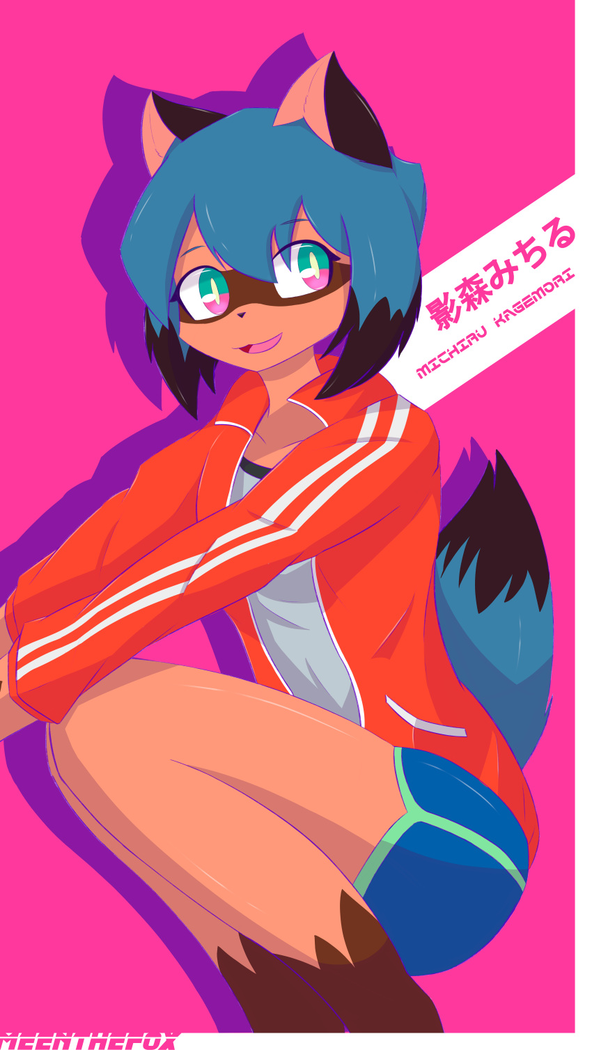 2020 absurd_res ameenmhad anthro black_body black_fur black_hair blue_body blue_eyes blue_fur blue_hair bottomwear brand_new_animal brown_body brown_fur canid canine clothed clothing female fluffy fluffy_tail fur hair hi_res jacket mammal michiru_kagemori multicolored_body multicolored_eyes multicolored_fur multicolored_hair open_jacket open_mouth pink_eyes raccoon_dog short_hair shorts solo studio_trigger tanuki topwear
