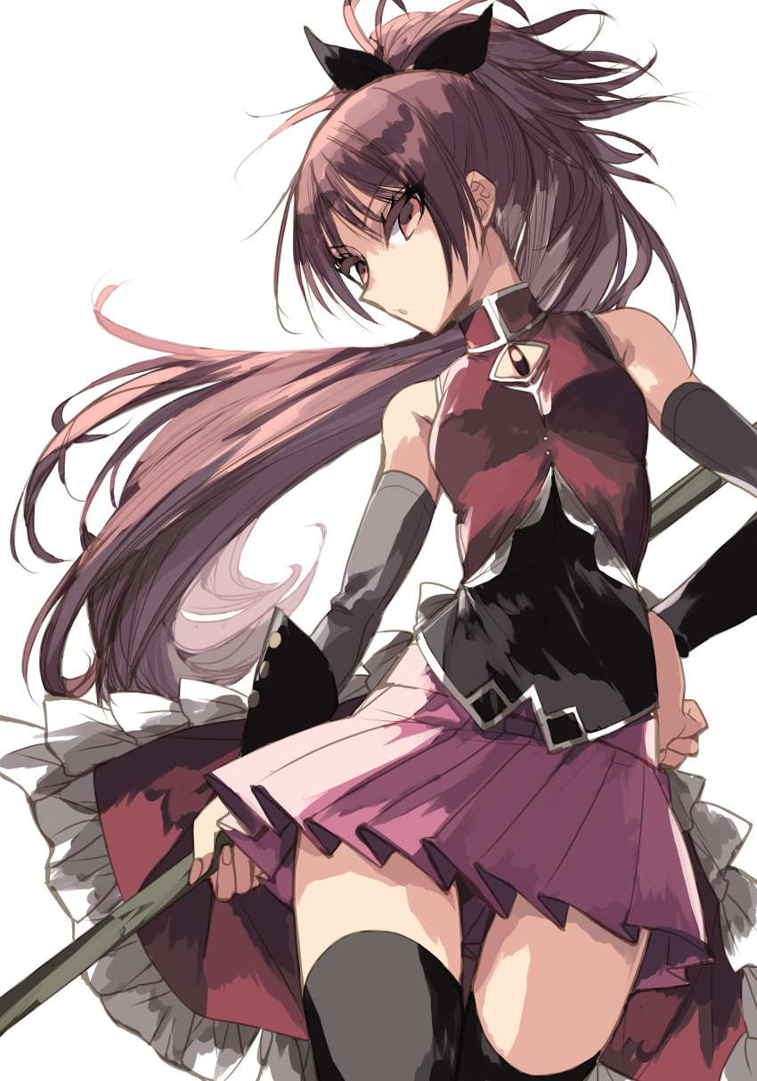 1girl absurdres black_legwear black_ribbon breasts contrapposto detached_sleeves hand_on_hip highres long_hair mahou_shoujo_madoka_magica misteor pink_eyes pink_hair polearm ponytail ribbon sakura_kyouko small_breasts solo soul_gem thighhighs thighs weapon white_background zettai_ryouiki