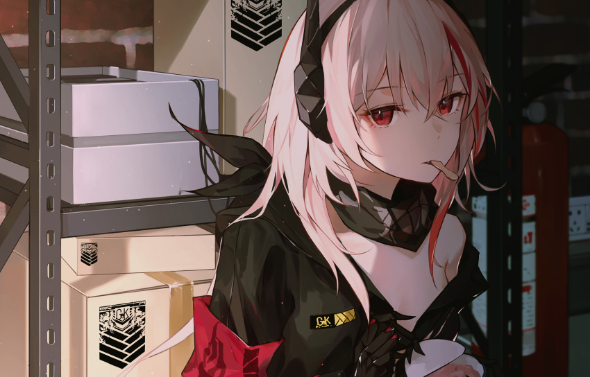 1girl armband bandana black_bandana black_legwear blonde_hair box cardboard_box chocolate_mint_ice_cream close-up commentary cuts eating empty food girls_frontline grifon_&amp;_kryuger headgear highres ice_cream ice_cream_cup ice_cream_spoon injury long_hair long_sleeves looking_at_viewer lunaplum m4_sopmod_ii_(girls_frontline) mechanical_hands mouth_hold multicolored_hair off_shoulder opening red_eyes shelf sitting solo spoon storage_room streaked_hair torn_clothes