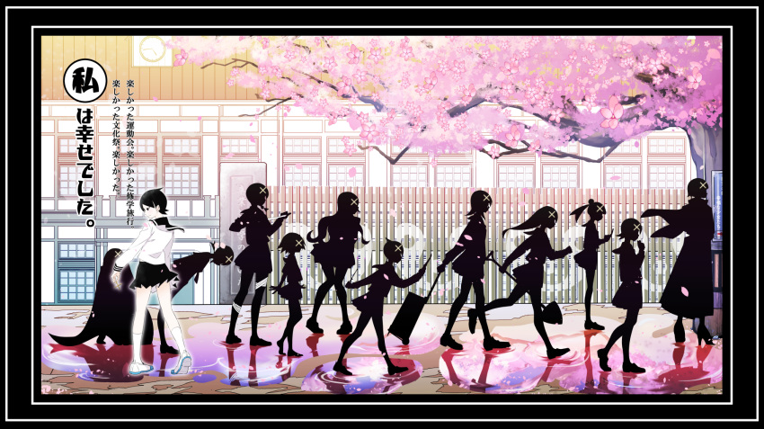 6+girls analog_clock arms_at_sides bandaged_leg bandages barefoot black_border black_sailor_collar black_skirt black_theme bob_cut border bowing braid building cellphone cherry_blossoms clock closed_mouth clothes_lift coat commentary_request cross curly_hair facing_away fence flip_phone floating_hair flower from_side fujiyoshi_harumi fuura_kafuka glasses glowing hair_ornament half-closed_eyes hand_up happy highres hitou_nami holding holding_cross holding_phone holding_shovel kaga_ai kimura_kaere kitsu_chiri knees_together_feet_apart kobushi_abiru komori_kiri latin_cross leaning leaning_forward light_smile loafers long_hair mitama_mayo multiple_girls official_style otonashi_meru outdoors pale_skin petals phone pink_flower pink_theme pleated_skirt ponytail profile reflection ripples rolling_suitcase running sailor_collar sayonara_zetsubou_sensei school sekiutsu_maria_tarou shoes short_hair shovel sign silhouette sitting skirt socks spiked_hair spoilers spring_(season) standing translation_request tree tsunetsuki_matoi very_short_hair walking water white_footwear white_legwear wide_shot wind wind_lift window woori_(jtfy3485) x_hair_ornament