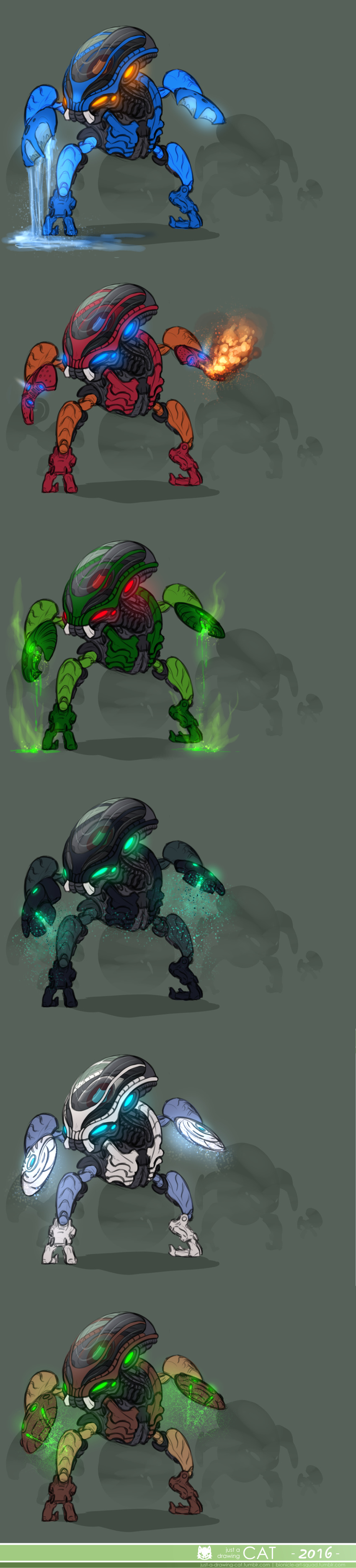 absurd_res ambiguous_gender armor bionicle black_body blue_body blue_eyes bohrok brown_body digital_drawing_(artwork) digital_media_(artwork) elemental_creature elemental_manipulation english_text fire green_body headgear helmet hi_res just-rube lego long_image machine not_furry red_body red_eyes robot rube short_stack simple_background standing tall_image text water white_body