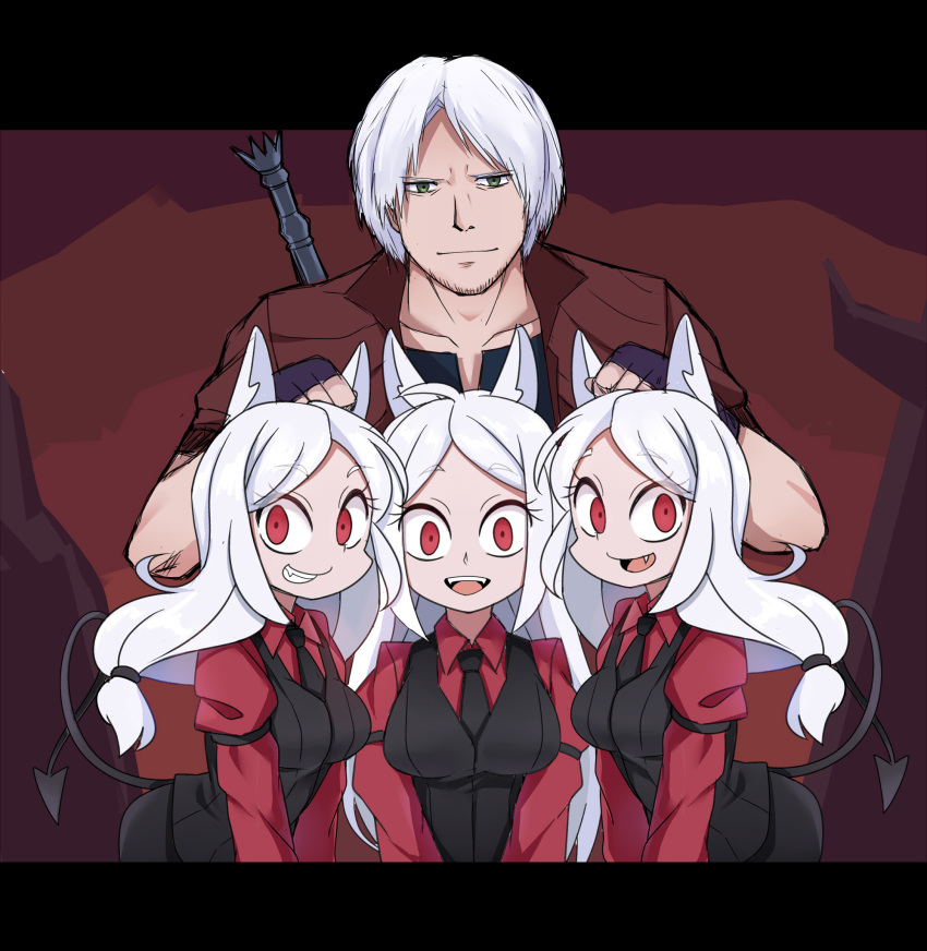 1boy 3girls animal_ears bangs black_suit black_tail black_vest caibao cerberus_(helltaker) closed_mouth coat collarbone commentary crossover dante_(devil_may_cry) demon_girl demon_tail devil_may_cry dog_ears dog_girl english_commentary eyebrows_visible_through_hair facial_hair fang fingerless_gloves formal gloves green_eyes grin hand_on_another's_head height_difference helltaker highres leaning_forward letterboxed long_hair long_sleeves looking_at_viewer matching_outfit multiple_girls neckwear open_mouth parted_bangs red_shirt shirt short_hair smile suit sword tail triplets upper_body upper_teeth v_arms vest weapon weapon_on_back white_hair