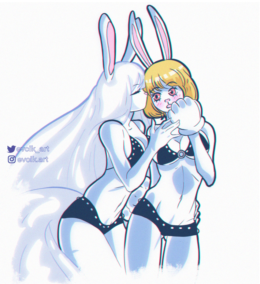 bikini blush carrot_(one_piece) clothing duo female female/female fur gloves handwear hi_res lagomorph leporid mammal one_piece rabbit sulong_carrot swimwear white_body white_fur