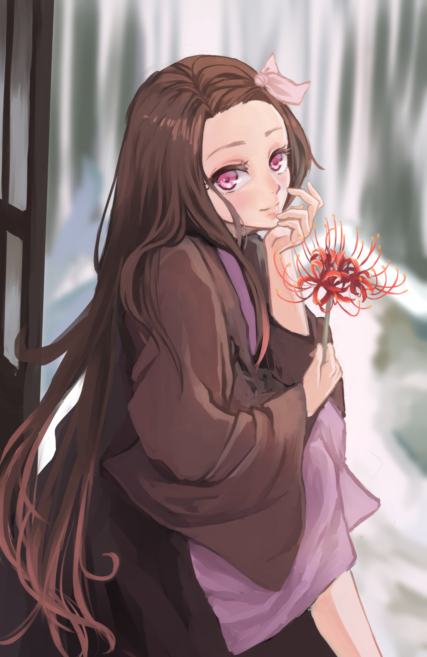 1girl absurdres blurry blurry_background brown_hair closed_mouth day flower hair_ribbon haori highres holding holding_flower japanese_clothes kamado_nezuko kimetsu_no_yaiba kimono long_hair long_sleeves looking_at_viewer outdoors pink_eyes purple_kimono red_flower ribbon sitting smile solo tomo_527 very_long_hair white_ribbon wide_sleeves