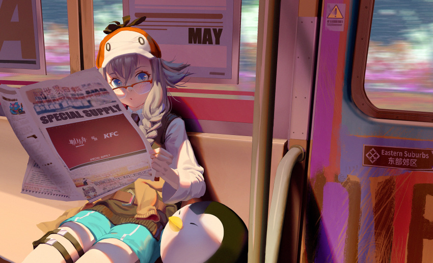 1girl aqua_shorts arknights baseball_cap bird bison_(arknights) black_neckwear blue_eyes blush braid brown_vest cameo character_name chinese_commentary chinese_text collared_shirt commentary dress_shirt english_text eyelashes glasses hat highres holding_newspaper kfc logo looking_at_viewer looking_over_eyewear may_(arknights) medium_hair necktie newspaper open_mouth orange_headwear parted_lips penguin red-framed_eyewear semi-rimless_eyewear shirt short_shorts shorts side_braid silver_hair sitting solo thigh_strap thighs train_interior two-tone_headwear vest white_headwear white_shirt yetecong
