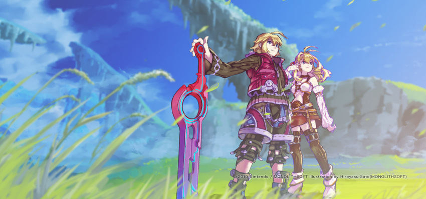 fiora_(xenoblade) hiroyasu_sato_(monolith_soft) landscape monolith_soft nintendo shulk sword thighhighs xenoblade xenoblade_chronicles