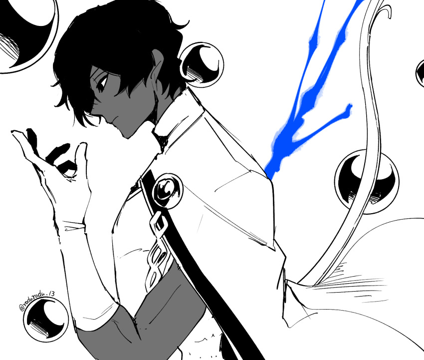 1boy arjuna_(fate/grand_order) artist_name bangs black_eyes black_hair cape collar dark_skin dark_skinned_male fate/grand_order fate_(series) gloves greyscale hair_between_eyes hand_up highres jewelry looking_down male_focus monochrome open_hand partially_colored rozu_ki side_cutout solo sphere upper_body weapon white_background white_gloves