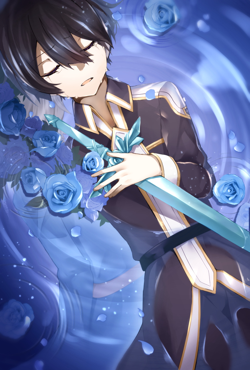 2boys bangs black_coat black_hair blonde_hair blue_coat blue_flower blue_rose blue_rose_sword closed_eyes coat crying eugeo eyebrows_visible_through_hair flower from_above hair_between_eyes highres holding holding_sword holding_weapon kirito long_sleeves lying midnight8sky multiple_boys on_back open_mouth petals rose shiny shiny_hair sword sword_art_online tears water_surface weapon