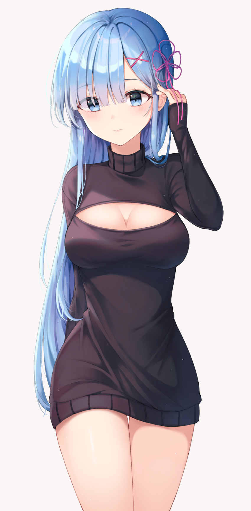 1girl absurdres alternate_hair_length alternate_hairstyle bangs blue_eyes blue_hair breasts cleavage cleavage_cutout commentary eyebrows_visible_through_hair hair_ornament hair_over_one_eye hair_ribbon highres large_breasts long_sleeves looking_at_viewer pink_ribbon re:zero_kara_hajimeru_isekai_seikatsu rem_(re:zero) ribbon simple_background solo sweater turtleneck turtleneck_sweater white_background x_hair_ornament yeorem