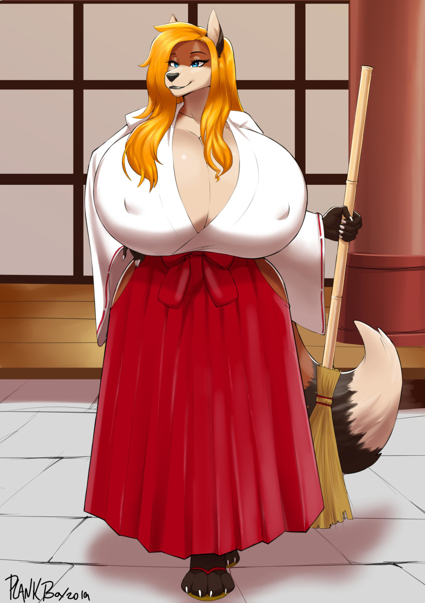 absurd_res anthro big_breasts blue_eyes breasts broom canid canine cleavage clothed clothing hair hand_on_hip hi_res huge_breasts hyper hyper_breasts mammal nipple_outline orange_hair plankboy solo