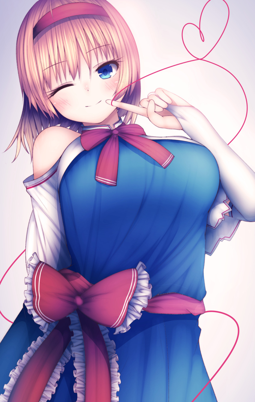 1girl adapted_costume alice_margatroid arm_behind_back bangs bare_shoulders blonde_hair blue_dress blue_eyes blush breasts bridal_gauntlets darumoon dress elbow_gloves eyebrows_visible_through_hair eyelashes frilled_sash gloves hair_between_eyes high_collar highres looking_at_viewer neck_ribbon one_eye_closed pointing pointing_at_self red_sash red_string ribbon sash short_hair shoulder_cutout smile solo string touhou upper_body white_gloves